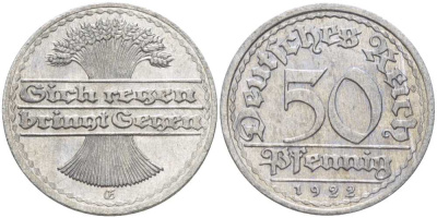 ГЕРМАНИЯ 50 ПФЕННИГОВ 1922 G KM 27, J. 301, Weege 10 алюминий 261-746