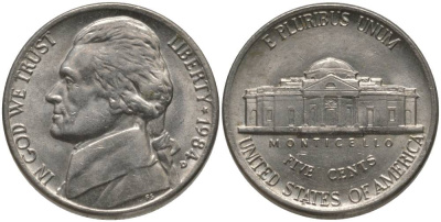 США 5 ЦЕНТОВ 1984 D, ДЖЕФФЕРСОН KM А192 медно-никель 181-117