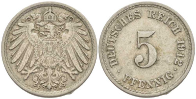 ГЕРМАНИЯ 5 ПФЕННИГОВ 1912 F KM 11, J. 12 медно-никель 105-161