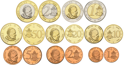 Ватикан евронабор из 8 монет 2005 папа Иоанн Павел II, европробники, проба PROOF 1-6-2-52