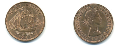 Великобритания 1/2 пенни 1965 Елизавета II (1952-2022) KM 896, Spink 4158 бронза 59-1323