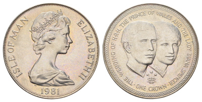 Остров Мэн 1 крона 1981 Королевская свадьба принца Чарльза и леди Дианы, портреты КМ 82 медно-никель UNC 4386-235