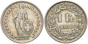 Швейцария 1 франк 1960 B KM 24 серебро 179-1047