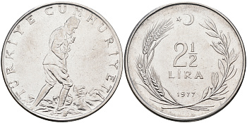 Турция 2-1/2 лиры 1977  KM 893.2 сталь 4117-215