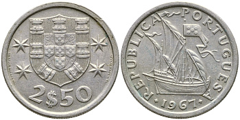 ПОРТУГАЛИЯ 2,5 ЭСКУДО 1967 ПАРУСНИК KM 590 медно-никель 4387-116