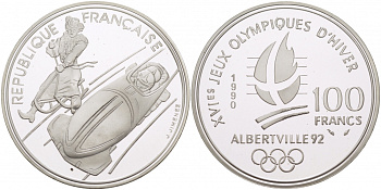 Франция 100 франков 1990 XVI Зимние Олимпийские игры 1992 в Альбервиле, бобслей KM 981 серебро PROOF 04-093-45
