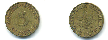 ФРГ 5 ПФЕННИГОВ 1950 G KM 107 J. 382 сталь плакированная латунью 83-127