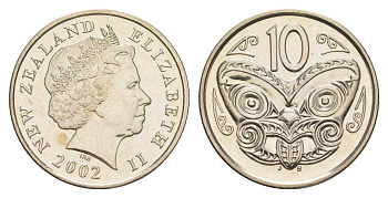 Новая Зеландия 10 центов 2002 Елизавета II (1952-2022), маска маори KM 117 медно-никель UNC 4652-657