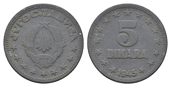 Югославия 5 динаров 1945 год-тип KM 28 цинк 4660-516