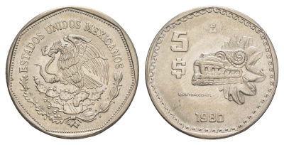 Мексика 5 песо 1980 Mo KM 485 медно-никель UNC 4637-642