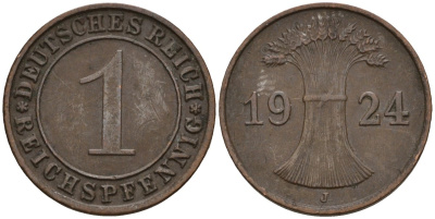 Германия 1 рейхспфенниг 1924 J KM 37, J. 313 бронза 4516-311