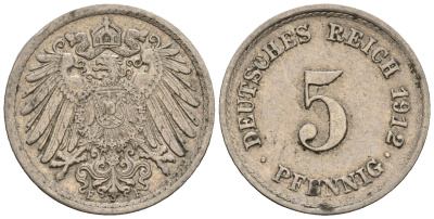 Германия 5 пфеннигов 1912 F, KM 11, J. 12 медно-никель 220-625