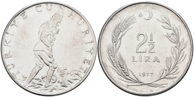 Турция 2-1/2 лиры 1977  KM 893.2 сталь 4117-215