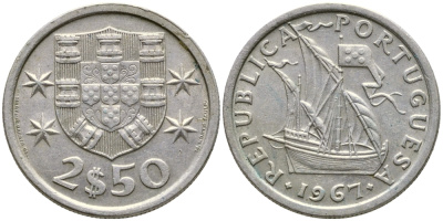 ПОРТУГАЛИЯ 2,5 ЭСКУДО 1967 ПАРУСНИК KM 590 медно-никель 4387-116