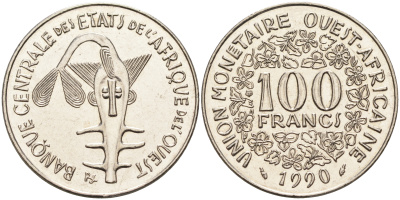 Валютное сообщество стран Западной Африки 100 франков 1990  KM 4 никель  UNC  4595-815