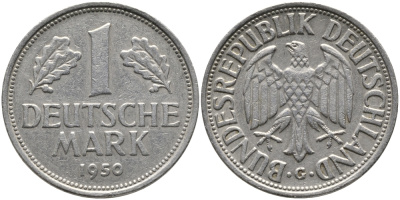 ФРГ 1 марка 1950 G, KM 110, J. 385 медно-никель 65-1214