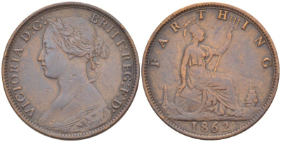 Великобритания 1 фартинг 1862 Виктория (1837-1901) KM 747.2, Spink 3958 бронза 4543-836