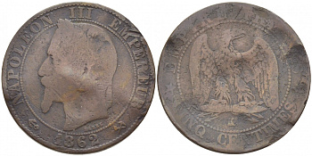 ФРАНЦИЯ 5 САНТИМОВ 1861 A, НАПОЛЕОН III (1852-1870) KM 797.1, LE FRANC 117.2 бронза 4448-126