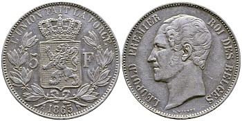 Бельгия 5 франков 1865 Леопольд I (1831-1865) KM 17 серебро 00-1067-6-22