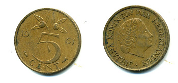 НИДЕРЛАНДЫ 5 ЦЕНТОВ 1961 ЮЛИАНА KM 181 бронза 76-425