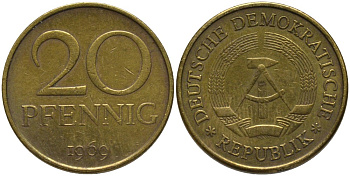 ГДР 20 пфеннигов 1969 А, первый год KM 11 латунь 186-1243