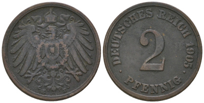 Германия 2 пфеннига 1905 E KM 16, J.11 медь 4625-124