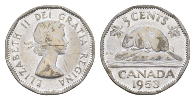 Канада 5 центов 1953 Елизавета II (1952-2022), бобр KM 50 хромированная сталь 4630-658