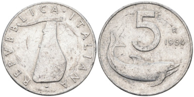 Италия 5 лир 1954 R, дельфин, руль KM 92 алюминий 4567-717