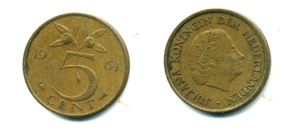 НИДЕРЛАНДЫ 5 ЦЕНТОВ 1961 ЮЛИАНА KM 181 бронза 76-425
