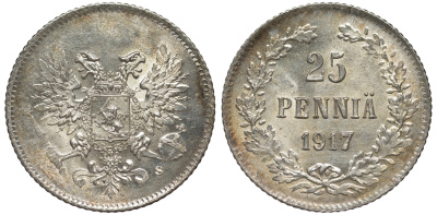 Россия для Финляндии 25 пенни 1917 S, временное правительство, без короны KM 19, Биткин 2 серебро 75-1459