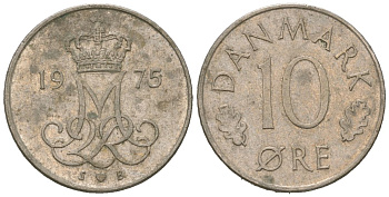Дания 10 эре 1975 S. B, Маргрете II (1972-2024) KM 860 медно-никель 4618-362