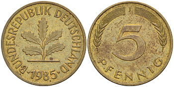 ФРГ 5 пфеннигов 1985 J KM 107 сталь плакированная латунью 4580-361