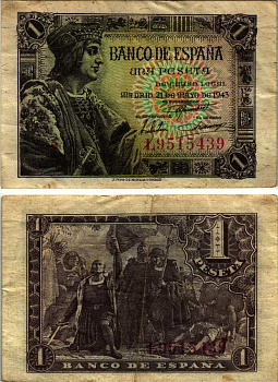 ИСПАНИЯ 1 ПЕСЕТА 1943 21 МАЯ 1943, КОРОЛЬ ФЕРНАНДО I, ПЕРВАЯ ВЫСАДКА КОЛУМБА Pick 126а бумага аVF 7553-23-2-1