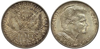 Франция 100 франков 1984 50 лет со дня смерти Марии Кюри KM 955 серебро 1516-1615