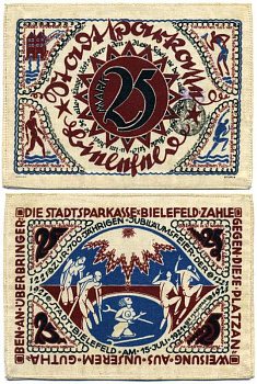 БИЛЕФЕЛЬД, ГЕРМАНИЯ 25 МАРОК 1921 15 ИЮЛЯ 1921, НОТГЕЛЬД, ЗЕМЛЯ СЕВЕРНЫЙ РЕЙН-ВЕСТФАЛИЯ Grabowski 103.7 шёлк UNC (ПРЕСС) 8613-13-2-1