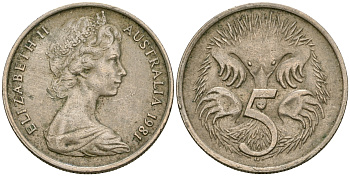 Австралия 5 центов 1981 Елизавета II (1952-2022), ехидна KM 64 медно-никель 4608-821