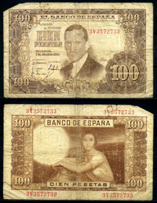 Испания 100 песет 1953 7 апреля 1953, Хулио Ромеро де Торрес Pick 145а бумага 7219-9-1-2