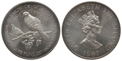 Джерси 2 фунта 1987 серия 25 лет защиты окружающей среды, голуби KM 70 медно-никель UNC 1078-3-21