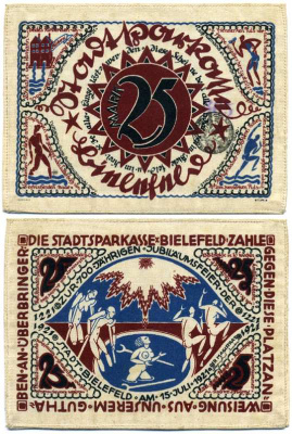 БИЛЕФЕЛЬД, ГЕРМАНИЯ 25 МАРОК 1921 15 ИЮЛЯ 1921, НОТГЕЛЬД, ЗЕМЛЯ СЕВЕРНЫЙ РЕЙН-ВЕСТФАЛИЯ Grabowski 103.7 шёлк UNC (ПРЕСС) 8613-13-2-1