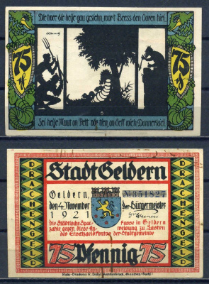 Гельдерн (Пруссия) 75 пфеннигов 1921 бумага aUNC 7556-3-1-1