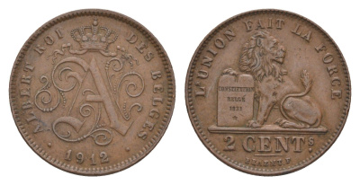 Бельгия 2 сантима 1912 Des Belges, Альберт I (1909-1934) KM 64 медь 4658-845