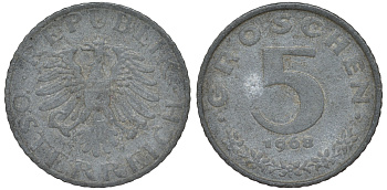 Австрия 5 грошей 1968 KM 2875 цинк 4596-414