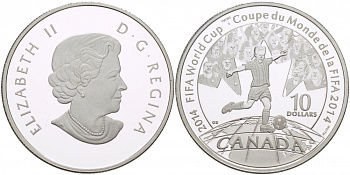 Канада 10 долларов 2014 чемпионат мира по футболу в Бразилии 2014, игрок с мячом KM NEW серебро PROOF 01-163-14