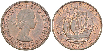 Великобритания 1/2 пенни 1967 Елизавета II (1952-2022) KM 896, Spink 4158 бронза 4544-154
