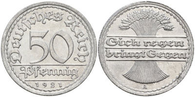 Германия 50 пфеннигов 1921 A KM 27, J.301, Weege 10 алюминий UNC 4584-811