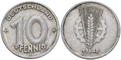 ГДР 10 пфеннигов 1948 A KM 3 алюминий 4152-553