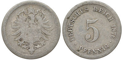 Германия 5 пфеннигов 1876 D, старогербовка KM 3, J. 3 медно-никель 51-3635
