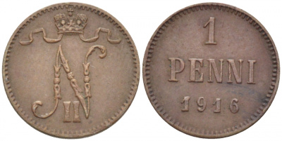 РОССИЯ ДЛЯ ФИНЛЯНДИИ 1 ПЕННИ 1916 НИКОЛАЙ II (1895-1917) KM 13, Биткин 476 медь 211-1057