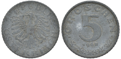 Австрия 5 грошей 1968 KM 2875 цинк 4596-414