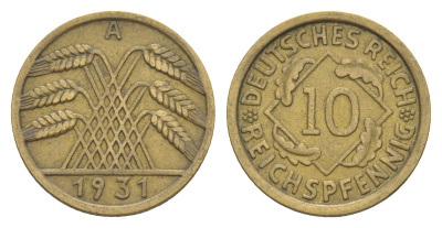 Германия 10 рейхспфеннигов 1931 A KM 40, J. 317 алюминиевая бронза 4549-831